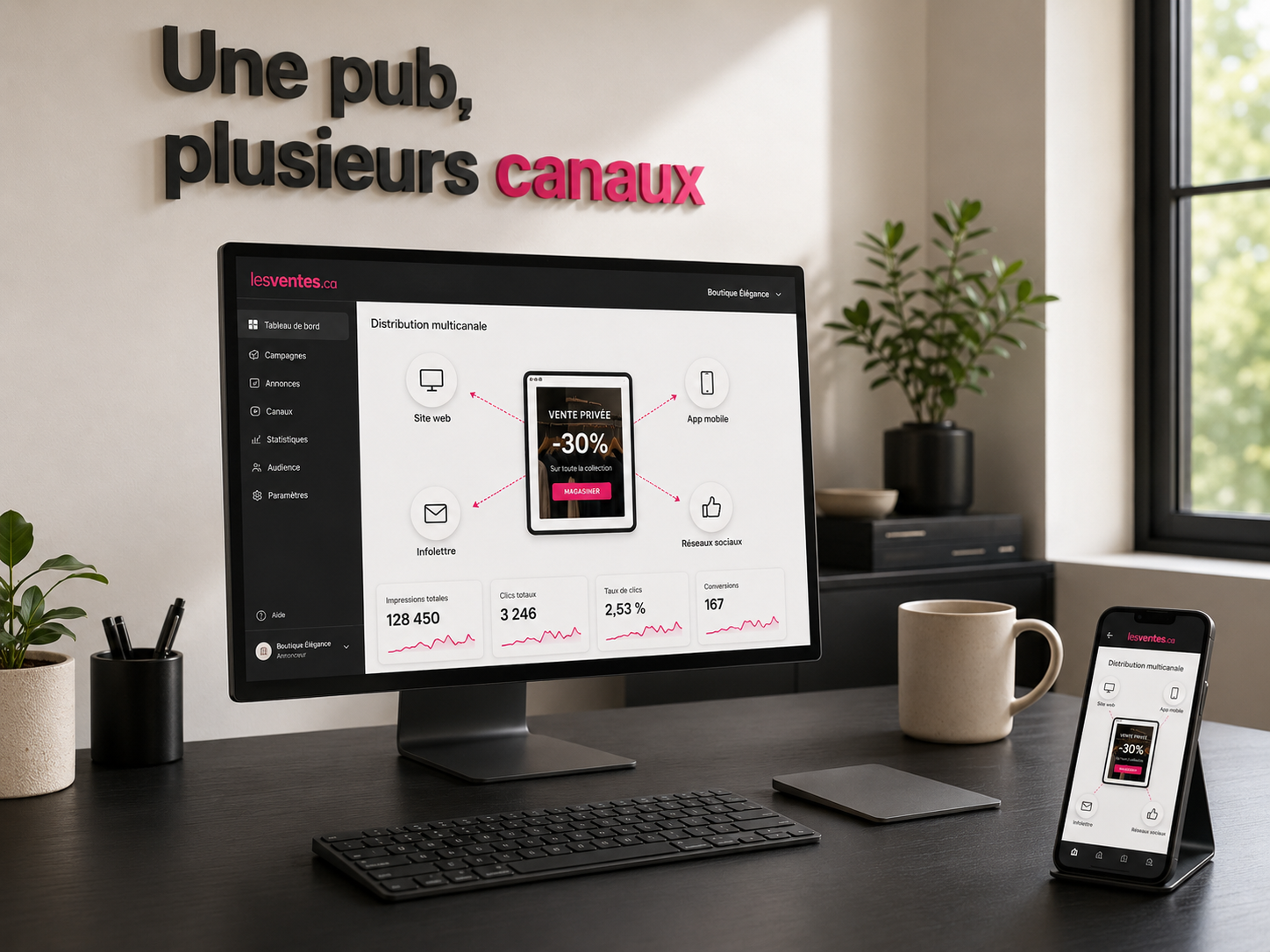 Tableau de bord annonceur lesventes.ca montrant une seule publicité diffusée sur plusieurs canaux : site web, application mobile, infolettre et réseaux sociaux